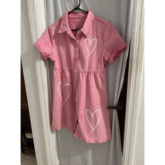 Pink Acid Wash Denim Button Down Babydoll Tiered Heart Print Dress Sz S - Picture 2 of 6